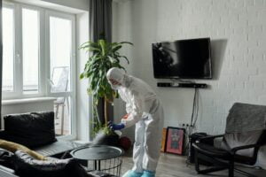 Free Person Cleaning the Living Room Stock Photo