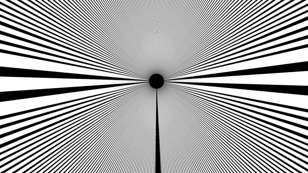 Black and white lines converge towards a dark circle