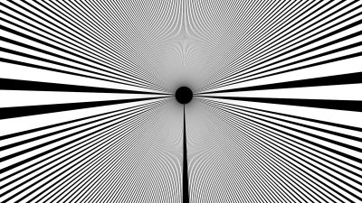 Black and white lines converge towards a dark circle